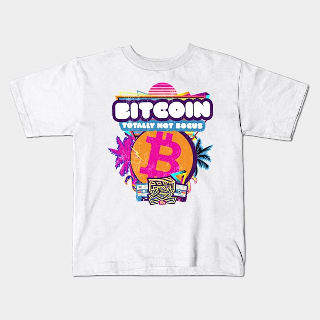 Bitcoin Crypto Party Retro Totally Not Bogus 80s Pink Funny Kids T-Shirt by MapYourWorld